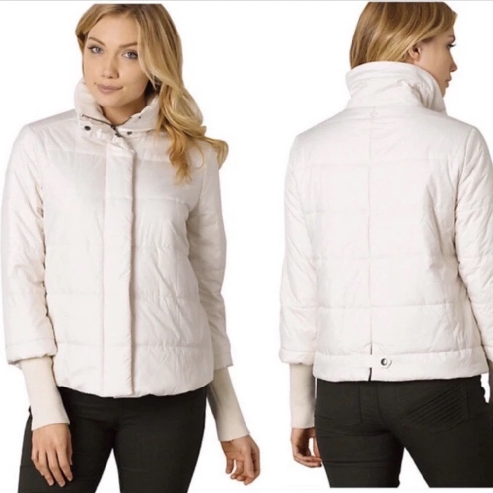 Prana Womens Off White Quilted Puffer Jacket 3/4 Sleeve Ribbed Cuffs Small